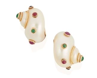 2
A Pair Of Maz Shell And Gem-Set Earrings
14k yellow gold; Stamped: 14k / MAZ
A pair of shell earrings set with bezel set cabochon emeralds, sapphires and rubies with post and omega clip backings
15.2 grams
2 pieces
0.50" W x 0.625" H
Estimate: $600 - $800