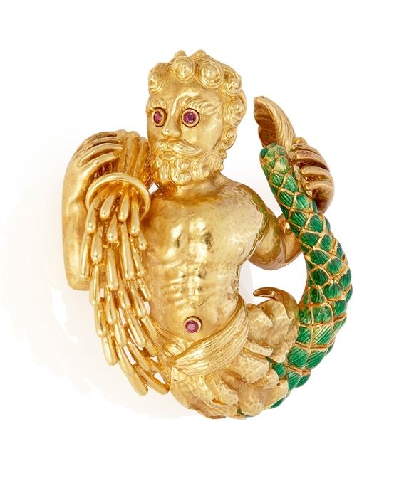 1
A David Webb Enamel And Ruby Merman Brooch
18k yellow gold; Stamped: Webb / 18k / ©
A David Webb green enamel merman brooch accented with three round mixed-cut rubies
67.2 grams
2.0" W x 2.25" H
Estimate: $5,000 - $7,000