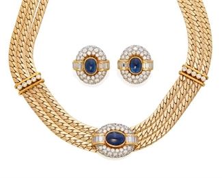 15
A Set Of Van Cleef & Arpels Sapphire And Diamond Jewelry
18k yellow and white gold; Necklace and ear clips scratched: VCA / 18k / 532H-1
A set of Van Cleef & Arpels cabochon sapphire and diamond jewelry including a three strand flat-link necklace featuring a slide pendant centering a bezel set oval cabochon-cut sapphire gauged at 10.5mm x 8.0mm flanked on either side by twelve baguette-cut diamonds and fifty-two round full-cut diamonds totaling approximately 4.30cts. in weight and graded F-G color and VS clarity and a pair of matching ear clips centering two oval cabochon-cut sapphires each gauged at 9.0mm x 7.0mm surrounded by a total of twelve baguette-cut and forty-two round full-cut diamonds totaling approximately 3.75cts. in weight and graded F-G color and VS clarity
Necklace: 96.6 grams; Ear clips: 21.4 grams
3 pieces
Necklace: 14.0" L x 0.75" W; Ear clips: 0.75" W x 0.875" H
Estimate: $12,000 - $15,000