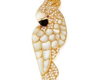 22
A Tiffany & Co. Gem-Set Bird Brooch
18k yellow gold; Stamped: Tiffany & C. / 750; Scratched: 15697
A Tiffany & Co. mother-of-pearl bird brooch set with one hundred seven round full-cut diamonds totaling approximately 3.75cts. in weight and graded F-G color and VVS clarity, topped with twenty-eight round full-cut yellow sapphires weighing approximately 2.50cts. and further accented with a carved black onyx beak and two round ruby eyes
36.4 grams
1.0" W x 3.5" H
Estimate: $7,000 - $9,000