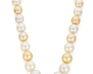 23
A Large South Sea Cultured Pearl Necklace
18k white and yellow gold; Stamped: 750 / JKA
With a mix of white, cream and golden South Sea cultured pearls graduating in size from approximately 16.0mm to 20.80mm completed by an 18k white and yellow gold ball clasp
195.1 grams
19.5" L
Estimate: $6,000 - $8,000