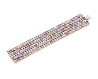 26
A Multicolored Sapphire Mesh Bracelet
18k white gold: Stamped: 750 / Z
Set with a mix of two hundred fifty rectangular step-cut fancy colored sapphires each gauged at approximately 6mm x 4mm with a total approximate weight of 150cts.
118.0 grams
7.375" L x 1.25" W
Estimate: $6,000 - $8,000