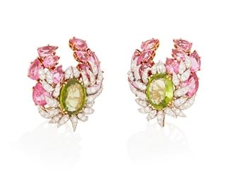 30
A Pair Of Gem-Set Foliate Earrings
18k yellow and white gold
Each centering an oval mixed-cut peridot gauged at 13.5mm x 11.5mm surrounded by a total of twenty pear mixed-cut pink tourmalines and further set with one hundred-ten round full-cut diamonds totaling approximately 2.25cts. in weight and each graded G-H color and VS clarity with post and omega clip backings
37.4 grams
2 pieces
1.25" W x 1.50" H
Estimate: $3,000 - $5,000