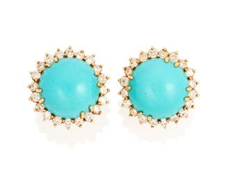 33
A Pair Of Turquoise And Diamond Earrings
18k yellow gold; Stamped: 750 / SRMC
Each centering a large round cabochon turquoise each gauged at 18mm in diameter surrounded by a total of forty round full-cut diamonds totaling approximately 2.80cts. in weight and each graded H-I color and VS clarity with posts and omega clip backings
19.3 grams
2 pieces
0.875" Dia
Estimate: $2,000 - $3,000