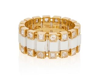 38
A Tiffany & Co. White Onyx And Diamond Ring
18k yellow gold; Stamped: T & Co. / AU750 / 34684987
A 10mm band centering a geometric pattern of white onyx bordered by thirty-two alternating rose-cut and princess-cut diamonds each gauged at 2.5mm in diameter
Ring size: 9
8.2 grams
Estimate: $1,200 - $1,800