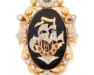 41
An Onyx, Diamond And Ruby Ship Pendant/Brooch
18k yellow gold and white gold
A ship motif pendant/brooch centering an oval onyx plaque gauged at 35mm x 23mm further set with forty-one round full-cut diamonds totaling approximately 0.80ct. in weight and graded G-H color and VS clarity and accented with six round cabochon rubies gauged at 1.5mm in diameter
24.5 grams
1.375" W x 2.25" H
Estimate: $1,000 - $1,500
