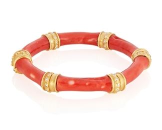 45
A Mish Jungle Bamboo Coral And Diamond Bangle Bracelet
18k yellow gold; Stamped: MISH NY / 18K / ©
A Mish New York coral "Jungle Bamboo Bangle" accented with sixty round full-cut diamonds totaling approximately 0.75ct. in weight and graded F-G color and VS clarity with a satin finish
41.7 grams
6.5" Cir x 0.375" W
Estimate: $1,500 - $2,000