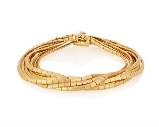 49
A Gold Bracelet
18k yellow gold; Stamped: 750 / 3 VI
An eight strand flat link bracelet with a textured finish
47.1 grams
7.0" L x 0.625" W (approximately)
Estimate: $1,200 - $1,800