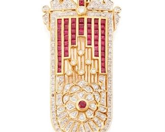 53
A Bellarri Diamond And Ruby Pendant/Brooch
18k yellow gold: Stamped: Bellarri / 18k
A shield shape pendant/brooch set with one hundred thirty-two round full and single-cut diamonds totaling approximately 1.25cts. in weight and graded H-I color and SI clarity further set with fifty-one calibre-cut and one round mixed-cut rubies each gauged at 1.4mm in diameter
15.3 grams
0.75" W x 2.75" H
Estimate: $1,000 - $1,500
