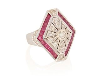 54
A Diamond And Ruby Ring
18k white gold
Set with twenty-three round full-cut diamonds totaling approximately 0.75ct. in weight and graded H-I color and SI clarity surrounded by a diamond shaped halo of twenty-two calibre-cut rubies totaling approximately 1.00ct. in weight
Ring size: 4.75
7.4 grams
0.625" W x 0.875" H
Estimate: $800 - $1,200