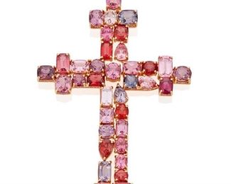 62
A John Hardy Multicolored Spinel Cross Pendant
18k rose gold: Stamped: 18k / P3201 / John Hardy logo
Set with forty spinels of various colors, shapes and sizes, the largest measuring 9mm x 5.7mm, and additionally set with pave-set round mixed-cut pink spinel around the border of the pendant each measuring approximately 1.5mm in diameter
32.6 grams
2.25" W x 3.0" H
Estimate: $1,500 - $2,000