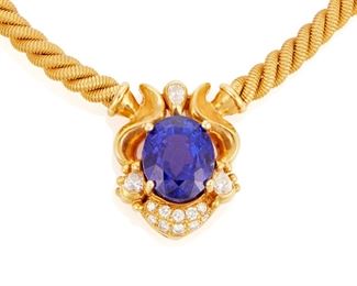 63
A Tanzanite And Diamond Pendant Necklace
14k yellow gold; Stamped: 585 / 14k / Italy
An abstract pendant centering an oval mixed-cut tanzanite gauged at 17mm x 14.00mm x 12.50mm weighing approximately 22.00cts. further set with three pear shaped diamonds and ten round full-cut diamonds all with a total approximate weight of 1.40cts. and each graded F-G color and SI1/SI2 clarity suspended on an attached twisted rope neck chain
62.7 grams
Pendant: 1.0" W x 1.25" H; Necklace: 0.25" W x 18.0" L
Estimate: $5,000 - $7,000