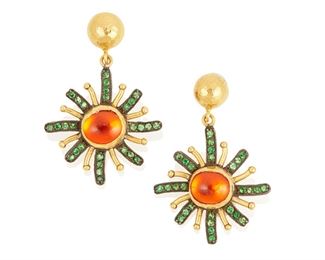 65
A Pair Of Ara Fire Opal And Tsavorite Garnet Earrings
High karat gold and silver; Stamped: ARA 985
A pair of starburst style earrings each centering oval cabochon fire opal each gauged at 9.4mm x 7.4mm surrounded by a total of fifty-six round mixed-cut tsavorite garnets each gauged at 2mm in diameter
10.6 grams
2 pieces
1.125" W x 1.50" H
Estimate: $500 - $700