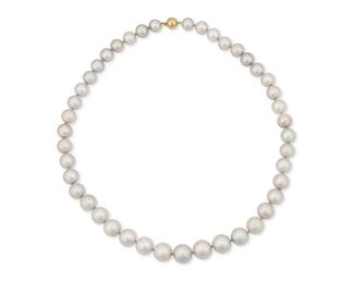 66
A Gray South Sea Cultured Pearl Necklace
18k yellow gold; Stamped: JKa / 750
With gray cultured pearls graduating in size from approximately 10.6mm to 13.8mm and completed by an 18k yellow gold ball clasp
104.2 grams
22.0" L
Estimate: $1,500 - $2,000