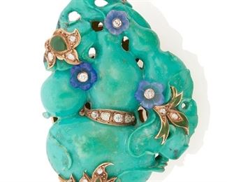 67
A Turquoise, Sapphire, Diamond And Enamel Brooch
14k rose gold
Comprising an abstract carved turquoise base set atop antique round full-cut and rose-cut diamonds, three carved sapphire flowers and green enamel. The reverse designed with a rose gold flower motif
31.5 grams
2.0" W x 1.375" H
Estimate: $800 - $1,200