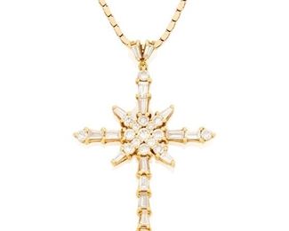 69
A Diamond Cross Pendant Necklace
18k & 14k yellow gold; Cross tests for 18k; Chain stamped: 14k
An 18k yellow gold maltese cross pendant set with seventeen round full-cut diamonds and seventeen tapered baguette-cut diamonds totaling approximately 2.50cts. in weight and graded G-H color and VS/SI clarity on a detachable 14k yellow gold box link neck chain
18k: 10.2 grams; 14k: 12.0 grams
2 pieces
Pendant: 1.375" W x 2.125" H; Necklace: 22.0" L
Estimate: $1,200 - $1,800

