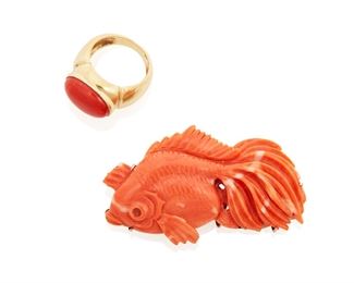 81
A Group Of Coral Jewelry
14k white and yellow gold: Ring stamped: 585
A group of coral jewelry items including a 14k white gold carved coral fish brooch and a 14k yellow gold ring centering a bezel set oval cabochon coral gauged at 16mm x 12mm x 5.5mm
Ring size: 7
Brooch: 24.9 grams; Ring: 9.4 grams
2 pieces
Brooch: 2.25" W x 1.25" H; Ring: 0.625" W x 0.50" H
Estimate: $600 - $800