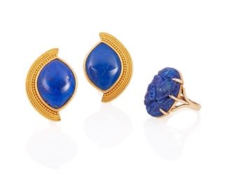 83
An Assembled Set Of Lapis Lazuli Jewelry
22k & 14k yellow gold: Ear clips stamped: 22k / CA Logo maker's mark; Ring stamped: 14k
Including a pair of 22k yellow gold ear clips each centering marquise cabochon lapis luzuli gauged at 16.8mm x 22.8mm with retractable posts and omega clip backings and a 14k yellow gold ring centering a carved lapis lazuli gauged at 16.6mm x 24.1mm x 7.6mm
Ring size: 7
Ear clips: 22.3 grams; Ring: 8.6 grams
3 pieces
Ear clips: 0.875" W x 1.375" H; Ring: 0.625" W x 0.875" H
Estimate: $600 - $800