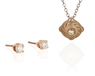 84
Two Diamond Jewelry Items
18k white gold and silver, 14k rose gold; Pendant stamped: 18k; Earrings stamped: 585; Neck chain stamped: Sterling / 925 / MSC.
Including an 18k white gold cushion shaped pendant centering a bezel set round full-cut diamond gauged at 0.07ct. in weight and graded I-J color and SI clarity suspended on an attached sterling silver neck chain and a pair of 14k rose gold stud earring set with two round full-cut diamonds with a combined total weight of approximately 0.40ct. and graded F-G color and SI2 clarity with post and screw backings
Pendant with chain: 2.4 grams; Stud earrings: 1.0 gram
3 pieces
Pendant with chain: 0.437" Dia x 16.0" L
Estimate: $500 - $700