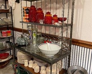 Vintage Milk Can, Moon and Star Pattern Jars, China Set, Bakers Rack