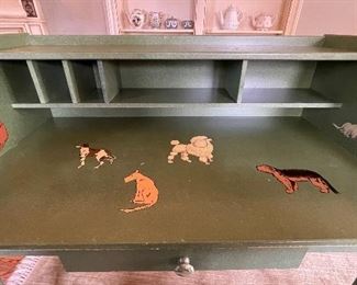 Vintage Green Writing Desk Hand-Painted In A Dog Motif!  Measures 43" W x 23" D x 40" H. Photo 2 of 3. 
