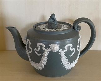Antique Green Jasperware Teapot, Creamer & Sugar. Photo 1 of 3. 