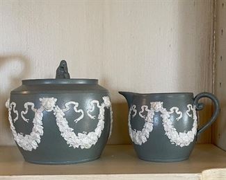 Antique Green Jasperware Teapot, Creamer & Sugar. Photo 2 of 3. 