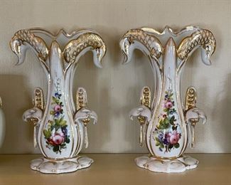 Pair of Hand-Painted Gold-Trim Victorian Vases. Photo 1 of 2. 