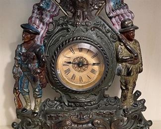 Antique Federal Style Cast Iron Mantle Clock with Soldiers.  Photo 1 of 2. 