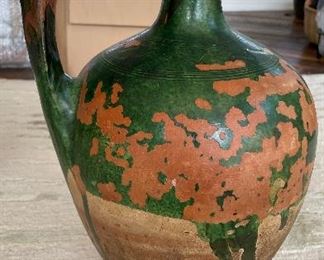 Antique Green Glazed Confit Jug with Handle. Measures 14" H x 10" At Widest. Photo 1 of 2. 