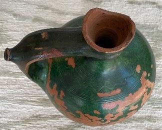 Antique Green Glazed Confit Jug with Handle. Measures 14" H x 10" At Widest. Photo 2 of 2. 