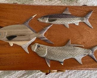 A Fishing Grand Slam: Wood Box Featuring Carved Wood, Hand-Painted Tarpon, Permit & Bonefish. Measures 8.5" x 5". Photo 1 of 5. 