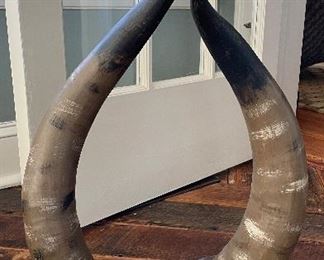 Pair of Painted Wood Faux Horns Mounted on Lucite. 