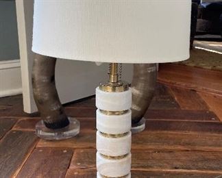 Pair of Brass and Marble Banded Table Lamps. Photo 1 of 2. 