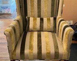 Pair of Kittinger Wing Back Dining Chairs Upholstered in Manuel Canovas Cut Velvet Green Stripe. Photo 1 of 3. 