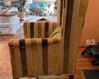 Pair of Kittinger Wing Back Dining Chairs Upholstered in Manuel Canovas Cut Velvet Green Stripe. Photo 2 of 3. 