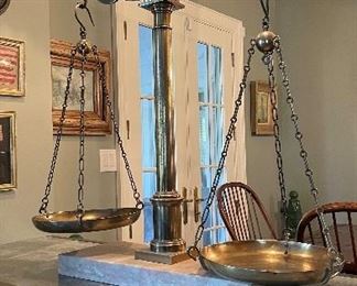 Antique Large Scale Brass & Marble Apothecary Scale. Measures 38" W x 44" H. Photo 1 of 5.
