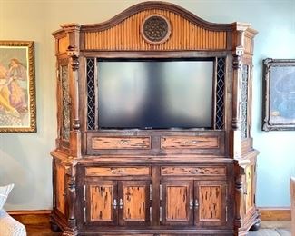 Custom-Made Media Cabinet. Glass Doors: Original Lead Glass Windows From Bismarck Hotel. Wood Includes Solid Walnut & Pecky Cyprys. Sold with TV. Measures 96" W x 26" D x 97" H with 50" TV. Photo 1 of 6.