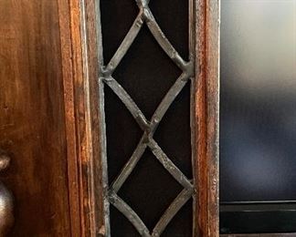 Custom-Made Media Cabinet. Glass Doors: Original Lead Glass Windows From Bismarck Hotel. Wood Includes Solid Walnut & Pecky Cyprys. Sold with TV. Measures 96" W x 26" D x 97" H with 50" TV.  Photo 3 of 6.