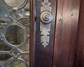 Custom-Made Media Cabinet. Glass Doors: Original Lead Glass Windows From Bismarck Hotel. Wood Includes Solid Walnut & Pecky Cyprys. Sold with TV. Measures 96" W x 26" D x 97" H with 50" TV.  Photo 5 of 6.