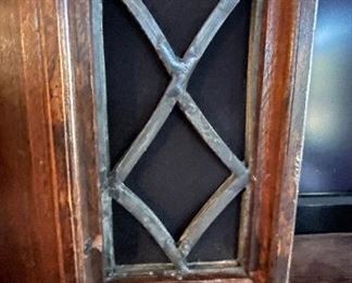 Custom-Made Media Cabinet. Glass Doors: Original Lead Glass Windows From Bismarck Hotel. Wood Includes Solid Walnut & Pecky Cyprys. Sold with TV. Measures 96" W x 26" D x 97" H with 50" TV.  Photo 6 of 6. 