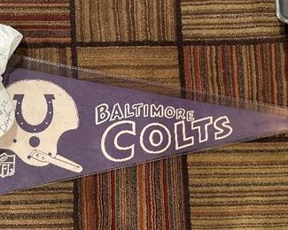 Baltimore Colts Velvet Pennant and Autographed Hat. 