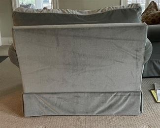 Pair of Club Chairs & Ottoman Upholstered in A "Light Hemlock" Velvet Mohair Fabric with Vegan Leather Piping.  Each Measures 48" W x 32" D. Photo 4 of 6. 