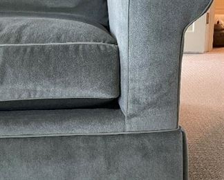 Pair of Club Chairs & Ottoman Upholstered in A "Light Hemlock" Velvet Mohair Fabric with Vegan Leather Piping.  Each Measures 48" W x 32" D. Photo 3 of 6. 