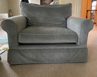 Pair of Club Chairs & Ottoman Upholstered in A "Light Hemlock" Velvet Mohair Fabric with Vegan Leather Piping.  Each Measures 48" W x 32" D. Photo 2 of 6. 