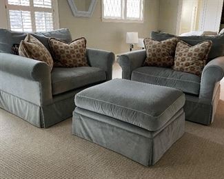 Pair of Club Chairs & Ottoman Upholstered in A "Light Hemlock" Velvet Mohair Fabric with Vegan Leather Piping.  Each Measures 48" W x 32" D. Photo 1 of 6. 