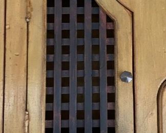 Hand-Carved Desk with Hutch. Solid Pine "Bead Board" Back, Wrought Iron Lion and Battery-Operated Clock Adornments. Custom-Designed by Hammer Designs. Measures 52" W x 26" D x 90" H. Photo 4 of 6.