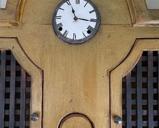 Hand-Carved Desk with Hutch. Solid Pine "Bead Board" Back, Wrought Iron Lion and Battery-Operated Clock Adornments. Custom-Designed by Hammer Designs. Measures 52" W x 26" D x 90" H. Photo 5 of 6.