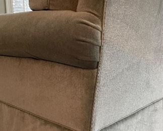 Pair of Club Chairs & Ottoman Upholstered in A "Light Hemlock" Velvet Mohair Fabric with Vegan Leather Piping.  Each Measures 48" W x 32" D. Photo 5 of 6. 