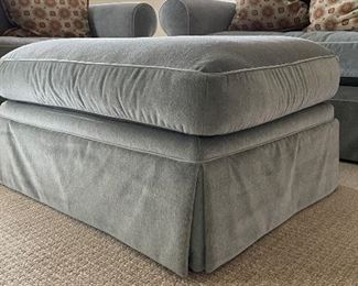 Pair of Club Chairs & Ottoman Upholstered in A "Light Hemlock" Velvet Mohair Fabric with Vegan Leather Piping.  Each Measures 48" W x 32" D. Photo 6 of 6. 